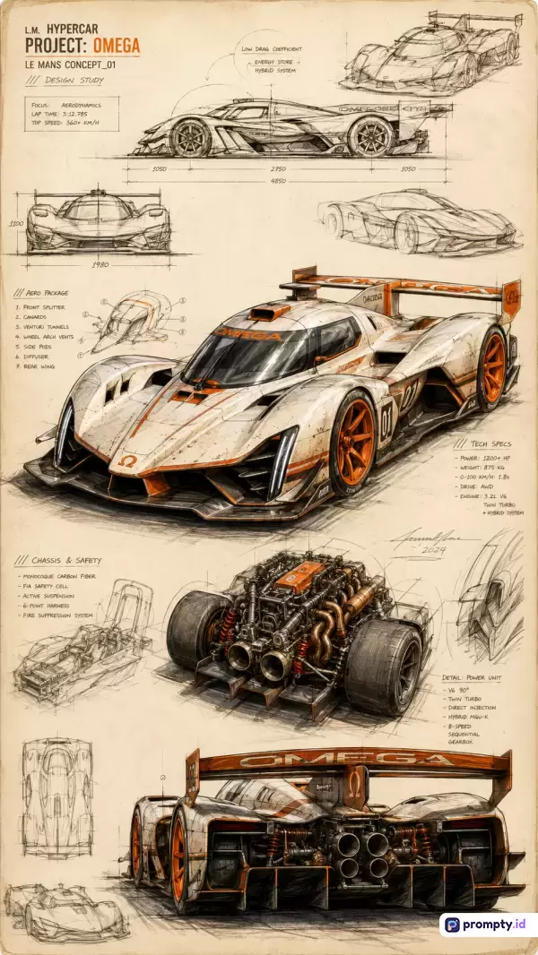 Gambar bergaya lembar cetak biru teknik konsep mobil balap hypercar Le Mans Project Omega dengan konten sketsa detail, tampak samping, depan, belakang, dan mesin ini menggunakan palet warna krem sepia, putih, dan oranye terang dengan kata kunci otomotif, desain konseptual, sketsa teknik, hypercar, Le Mans, dan memiliki tiga warna dominan yaitu krem, putih, dan oranye.