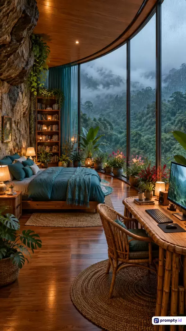 Gambar bergaya fotografi interior realistis ini menampilkan kamar tidur mewah yang menyatu dengan alam tebing berbatu dan pemandangan hutan hujan berkabut melalui jendela kaca melengkung besar, dilengkapi area kerja kayu, rak buku hangat, dan tanaman hijau subur dengan kata kunci arsitektur tebing, kamar tidur estetik, pemandangan hutan, desain interior alami, dan ruang kerja nyaman, yang didominasi oleh warna hijau zamrud, cokelat kayu, dan biru toska.