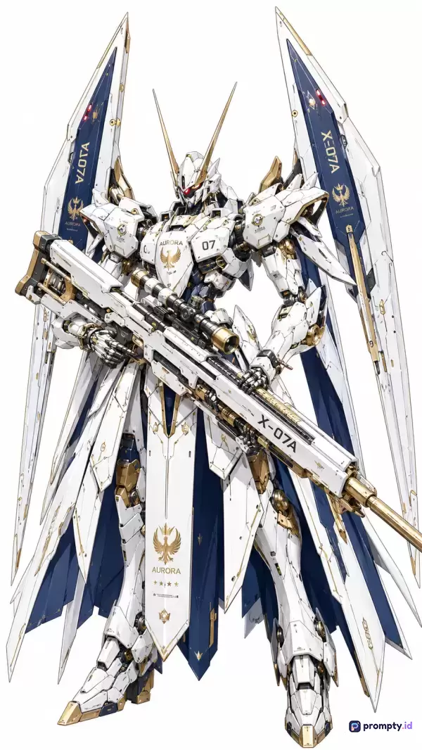Gambar ilustrasi bergaya anime sci-fi beresolusi tinggi ini menampilkan robot mecha futuristik putih bernomor X-07A yang memegang senapan sniper besar dengan sayap megah beraksen emas dan biru, serta menggunakan kata kunci mecha, robot, sci-fi, anime, futuristik, senjata, dan fiksi ilmiah, dengan tiga warna dominan yaitu putih, biru tua, dan emas.