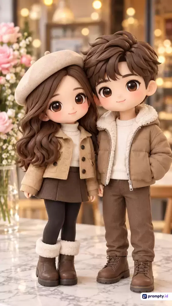 Gambar berstyle 3D chibi lucu ini menampilkan konten pasangan muda yang mengenakan pakaian musim dingin serasi berwarna cokelat, krem, dan putih dengan latar belakang bokeh hangat, menggunakan kata kunci boneka, romantis, chibi, 3D, pasangan, dan didominasi oleh warna cokelat, krem, serta putih.