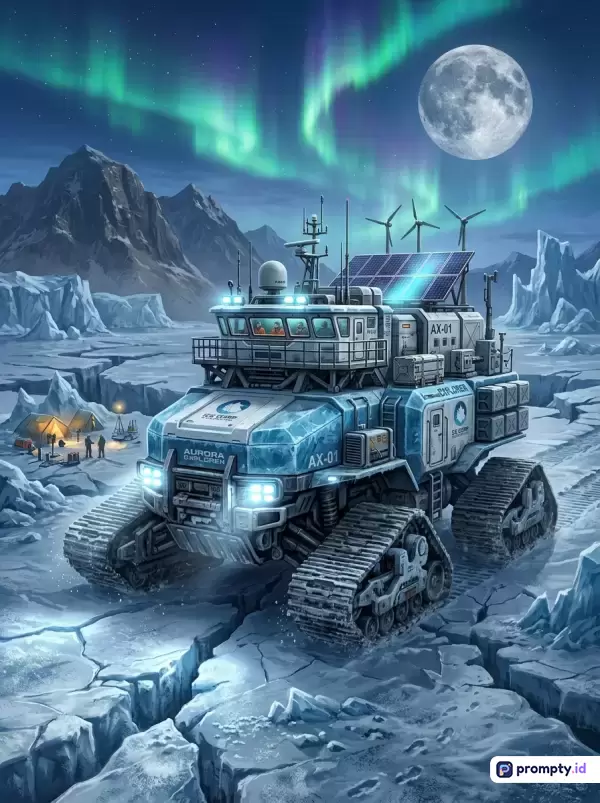 Gambar ilustrasi digital bergaya fiksi ilmiah ini menampilkan kendaraan penjelajah kutub beroda rantai (AX-01) di lanskap es Arktik yang diterangi cahaya aurora hijau dan bulan purnama, dengan konten eksplorasi kutub, kata kunci penjelajah kutub, aurora, kendaraan futuristik, es, sains, dominasi warna biru, putih, dan hijau, serta metadata yang menggambarkan petualangan ilmiah malam hari di lingkungan kutub ekstrem.
