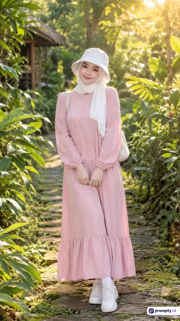 Gambar fotografi bergaya potret natural ini menampilkan seorang wanita muda berhijab mengenakan gaun merah muda, topi putih, dan sepatu kets, berdiri di jalan setapak taman yang dikelilingi dedubatan hijau subur dengan pencahayaan matahari alami yang hangat, serta memiliki kata kunci wanita, hijab, merah muda, alam, taman, mode, dengan tiga warna dominan yaitu hijau, merah muda, dan putih.