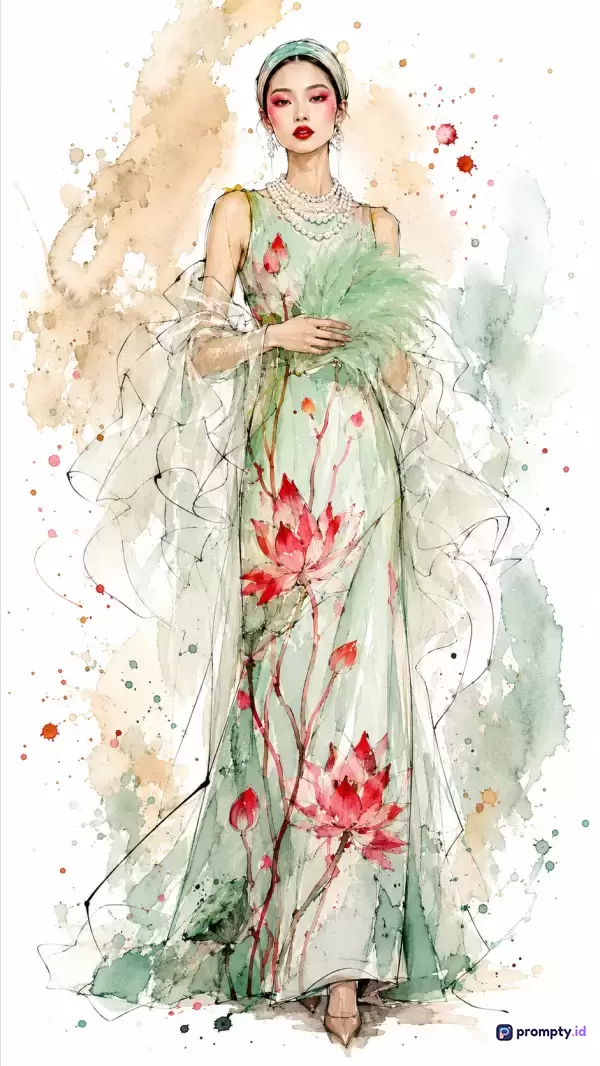 Gambar bergaya ilustrasi mode cat air ini menampilkan seorang wanita anggun bergaun hijau bermotif bunga teratai dengan latar belakang cipratan artistik, yang menggunakan kata kunci fashion, ilustrasi, cat air, wanita, dan anggun, serta didominasi oleh warna hijau mint, putih, dan merah muda.