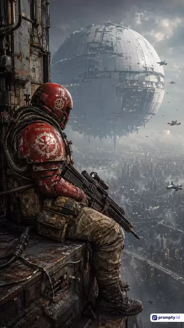 Gambar bergenre *fiksi ilmiah* (sci-fi) bergaya digital painting sinematik yang menampilkan konten seorang prajurit lapis baja merah sedang duduk mengawasi kota futuristik megah dengan kapal induk bulat raksasa di langit, menggunakan kata kunci prajurit, sci-fi, kota futuristik, kapal induk, dan dystopian, didominasi oleh warna merah tua, abu-abu baja, dan cokelat tanah.