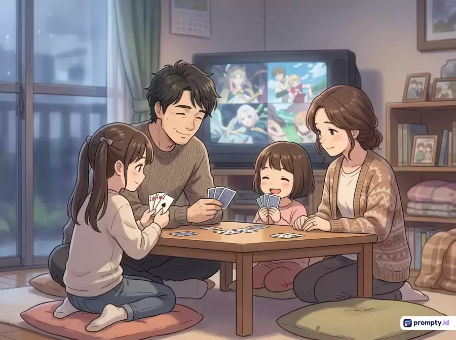 Gambar bergaya anime hangat ini menampilkan sebuah keluarga bahagia yang sedang bermain kartu di ruang tamu dengan latar televisi menyala, menggunakan palet warna cokelat, abu-abu, dan krem, serta kata kunci keluarga harmonis, malam kebersamaan, permainan kartu, anime slice of life, dan kehangatan rumah tangga.