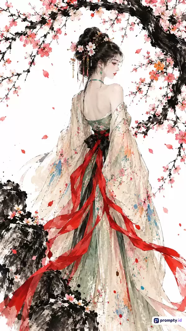 Gambar ilustrasi bergaya lukisan tinta Tiongkok ini menampilkan seorang wanita anggun mengenakan hanfu tradisional dengan jubah tembus pandang dan pita merah terang yang mencolok di bawah pohon sakura berbunga merah muda dengan latar belakang putih bersih, memuat kata kunci wanita cantik, busana tradisional Tiongkok, bunga sakura, lukisan tinta, estetika oriental, dan didominasi oleh warna merah, hijau, serta hitam.