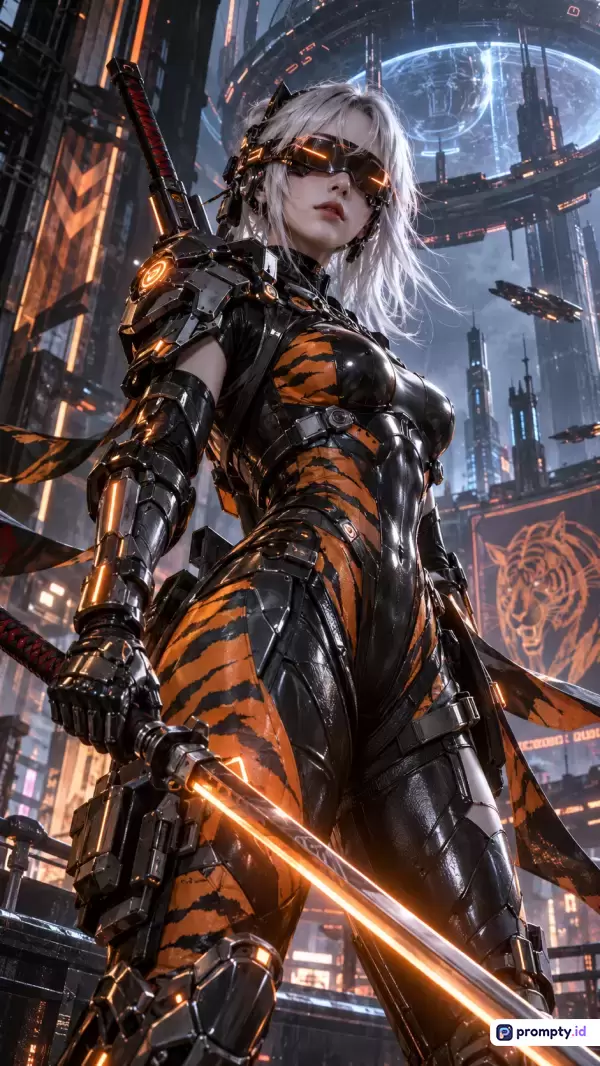 Gambar bergenre fiksi ilmiah dengan gaya ilustrasi digital ini menampilkan seorang pejuang wanita berambut putih berbalut baju zirah hitam bermotif belang oranye ala harimau sambil memegang pedang futuristik bercahaya di latar belakang kota metropolitan futuristik yang dipenuhi gedung tinggi dan pesawat terbang, dengan kata kunci: pejuang wanita, fiksi ilmiah, samurai masa depan, cyberpunk, pedang laser, sementara warna dominannya adalah hitam, oranye, dan abu-abu.
