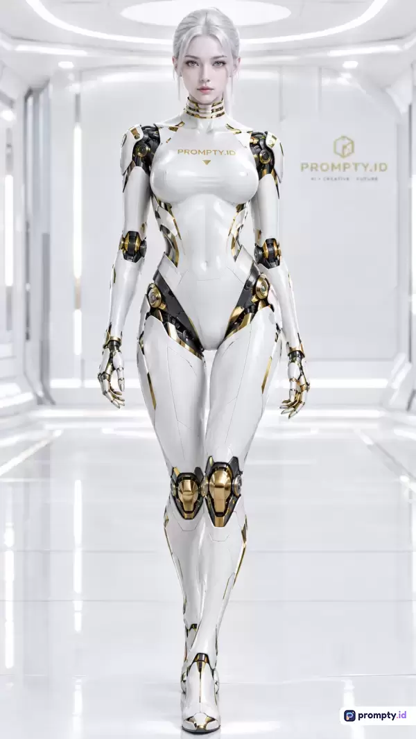 Gambar berformat digital art bernuansa futuristik ini menampilkan konten seorang wanita android berambut putih dengan gaya sinematik, didominasi oleh warna putih, hitam, dan emas, serta memiliki kata kunci robot, masa depan, kecerdasan buatan, cyborg, dan scifi.