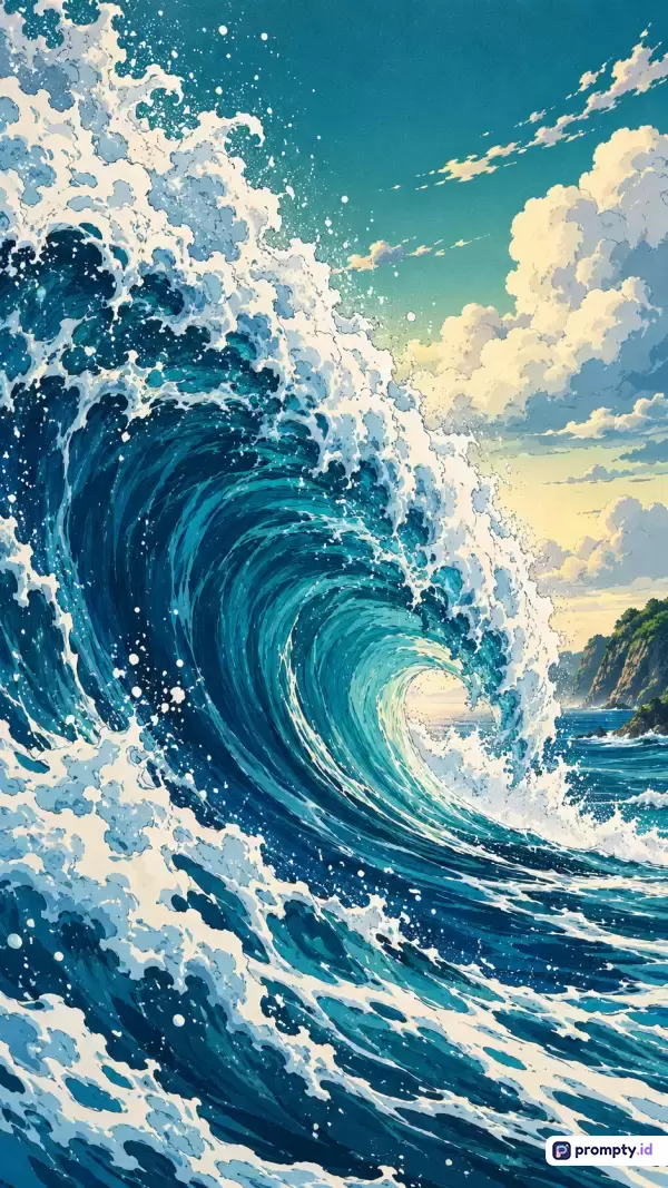 Gambar ilustrasi bergaya anime/manga karya seni digital ini menampilkan konten ombak besar yang menerjang laut dengan latar tebing dan langit berawan cerah, serta menggunakan kata kunci ombak, lautan, anime, estetika, dan pemandangan, didominasi oleh warna biru tua, putih, dan toska.
