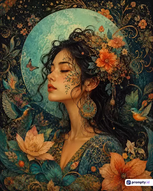 Gambar bergaya ilustrasi fantasi oriental klasik ini menampilkan wanita berambut hitam dengan hiasan bunga dan burung kolibri berlatar belakang bulan pirus berpola ornamen floral rumit, dengan kata kunci wanita, fantasi, bunga, burung, ornamen, dan didominasi warna biru toska, oranye, serta hitam keemasan.