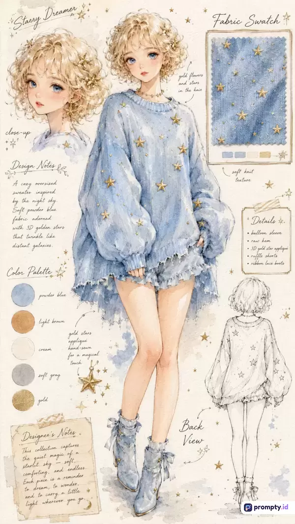 Ilustrasi digital bergaya anime/manga pastel dengan konten konsep desain lembar sketsa mode menampilkan gadis berambut kerikil pirang mengenakan sweter biru langit berhias bintang emas, menggunakan palet warna biru pastel, cokelat muda, dan krem, serta kata kunci mode, ilustrasi, lembar sketsa, anime, sweter rajut, bintang emas, estetika pastel, dan desain karakter, dengan 3 warna dominan yaitu biru pastel, krem, dan cokelat muda.