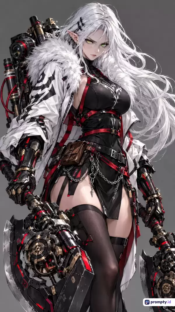 Gambar bergenre anime fiksi ilmiah ini menampilkan karakter wanita elf berambut putih panjang dengan pakaian tempur hitam-putih dan aksen merah, membawa kapak mekanik besar, bergaya digital art yang futuristik, dengan kata kunci karakter anime, sci-fi, elf pejuang, kapak mekanik, dan cyberpunk, serta didominasi oleh warna putih, hitam, dan merah.
