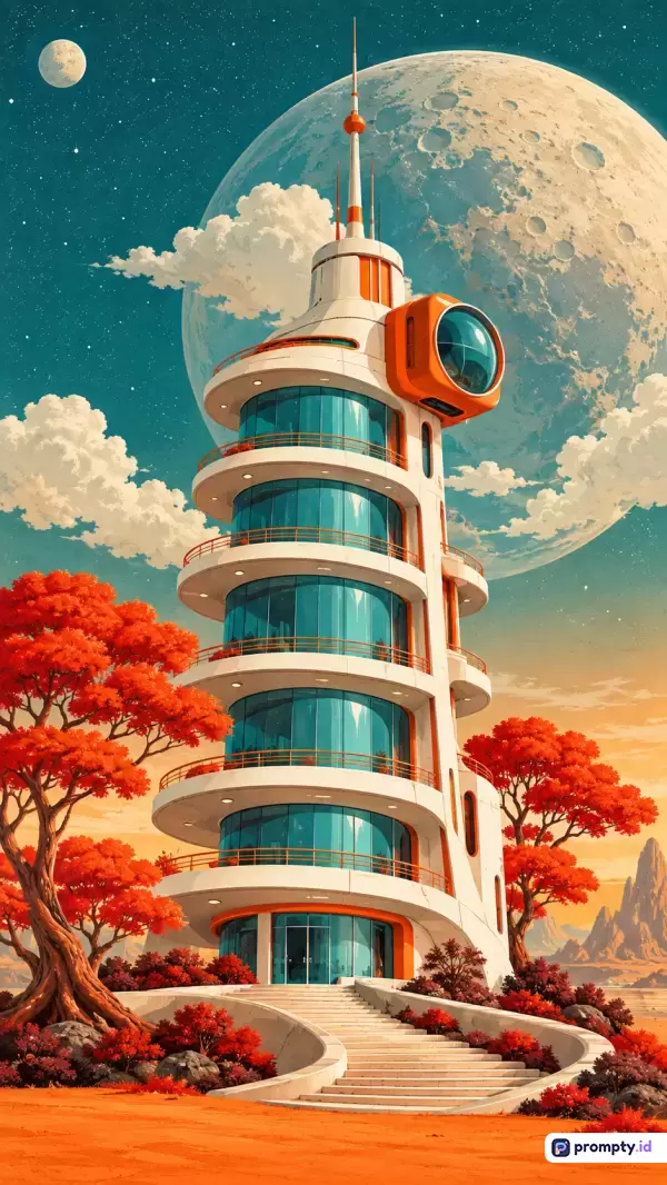 Gambar dengan gaya retro-futuristik bergenre fiksi ilmiah ini menampilkan konten menara observasi futuristik bertingkat dengan jendela kaca toska dan aksen oranye yang berdiri megah di lanskap alien berselimut pepohonan berdaun merah terang di bawah langit berbintang malam berlatar bulan raksasa, menggunakan kata kunci arsitektur masa depan, observatorium luar angkasa, estetika retro-futuristik, pemandangan bulan alien, dan pohon daun merah, yang didominasi oleh warna toska, putih, dan oranye.