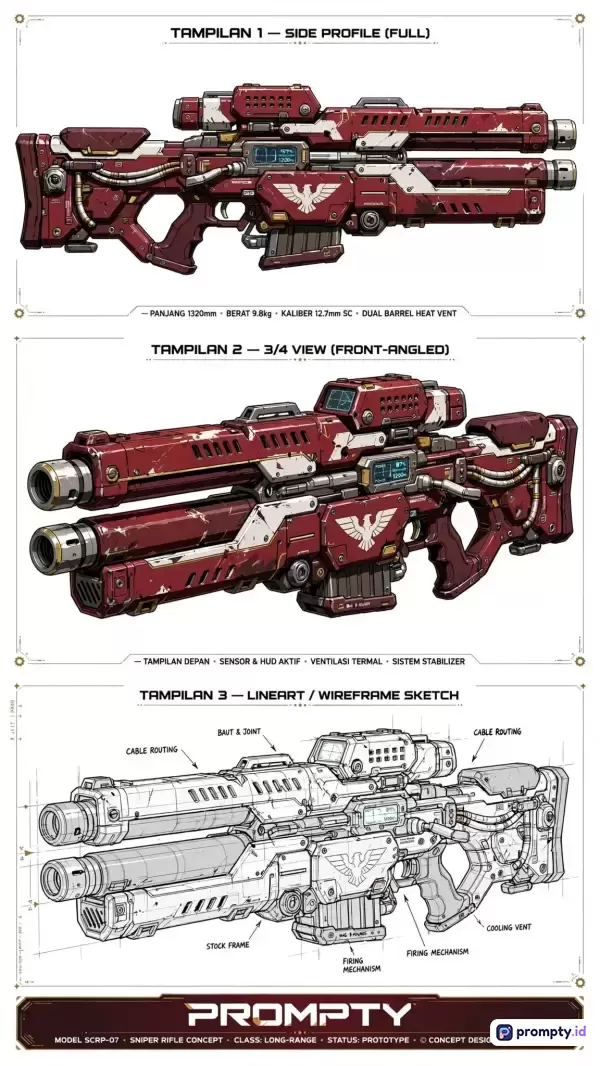 Gambar konsep desain futuristik senjata sniper ganda ini mengusung gaya ilustrasi digital sci-fi dengan konten skema lembar spesifikasi teknis sudut pandang ganda, menggunakan kata kunci seperti senjata futuristik, sniper, konsep desain, sci-fi, dan sketsa teknik, didominasi oleh warna merah marun, putih, dan abu-abu gelap.