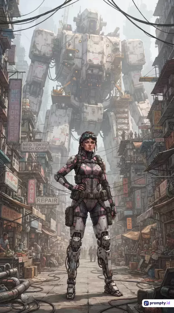 Gambar bergaya digital painting bergaya fiksi ilmiah cyberpunk ini menampilkan seorang wanita petarung berteknologi maju dengan setelan tempur merah muda dan abu-abu berdiri di jalanan pasar kumuh perkotaan padat yang latar belakangnya didominasi oleh robot mecha raksasa putih dengan tiga warna dominan yaitu abu-abu, cokelat, dan merah muda, serta kata kunci fiksi ilmiah, mecha, cyberpunk, distopia, pertarungan, dan teknologi masa depan.