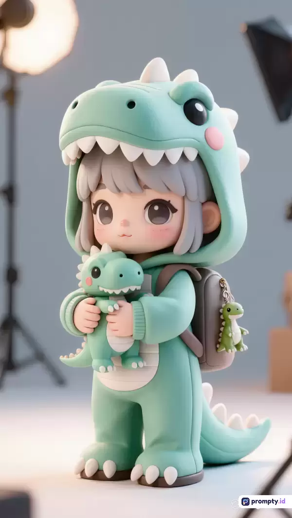 Gambar ini menampilkan figurin 3D bergaya chibi dengan estetika mainan vinyl bertekstur matte yang menampilkan seorang karakter anak berambut abu-abu mengenakan kostum dinosaurus hijau pastel lengkap dengan boneka dan ransel, menggunakan skema warna dominan hijau toska, abu-abu, dan putih, serta memiliki kata kunci: figurin 3D, chibi, mainan vinyl, kostum dinosaurus, estetika imut.