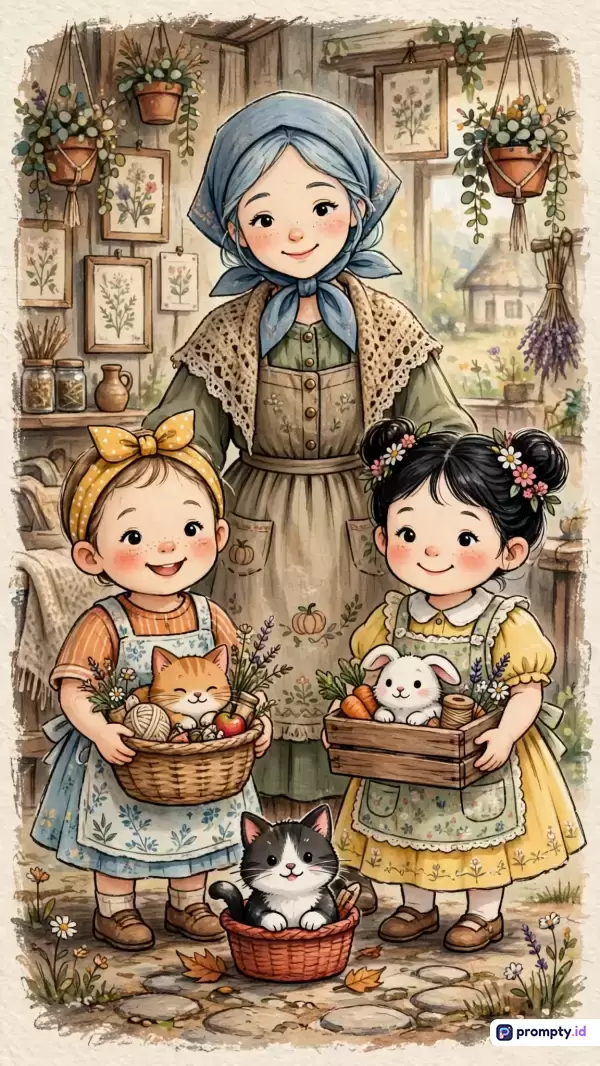 Gambar bergenre ilustrasi gaya *vintage watercolor* bertema pedesaan ini menampilkan seorang wanita dewasa dan dua anak perempuan yang ceria sedang dikelilingi oleh hewan-hewan peliharaan lucu di dalam ruangan bernuansa hangat, dengan kata kunci ibu, anak, kucing, kelinci, pedesaan, keranjang, tanaman, estetika, dan nostalgia yang didominasi oleh warna hijau zaitun, cokelat kayu, dan kuning pastel.