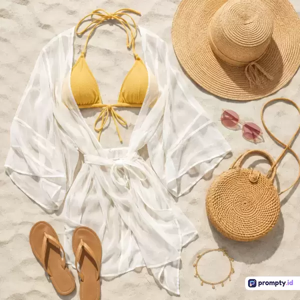 Gambar datar bergaya minimalis ini menampilkan perlengkapan liburan pantai yang disusun di atas pasir putih, berisi konten bikinin kuning, jubah putih tipis, topi jerami, tas rotan bundar, sandal, kacamata hitam, dan kalung, dengan dominasi warna putih, kuning, dan cokelat, serta kata kunci: busana pantai, musim panas, liburan, fesyen wanita, aksesori pantai.
