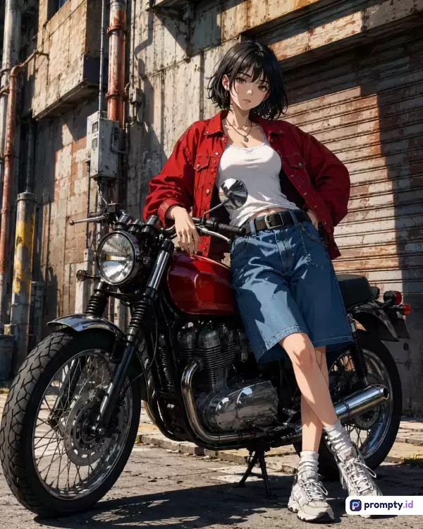 Gambar bergaya anime modern dengan teknik pewarnaan digital yang realistis ini menampilkan konten seorang wanita berambut hitam pendek yang mengenakan jaket merah, kaus putih, celana pendek denim, dan sepatu kets, bersandar santai di samping sepeda motor klasik bergaya retro yang diparkir di depan dinding bata dan pintu garasi berkarat, dengan tiga warna dominan yaitu merah, biru, dan cokelat, serta kata kunci estetika perkotaan, gadis anime, motor klasik, gaya jalanan, dan sinematik.