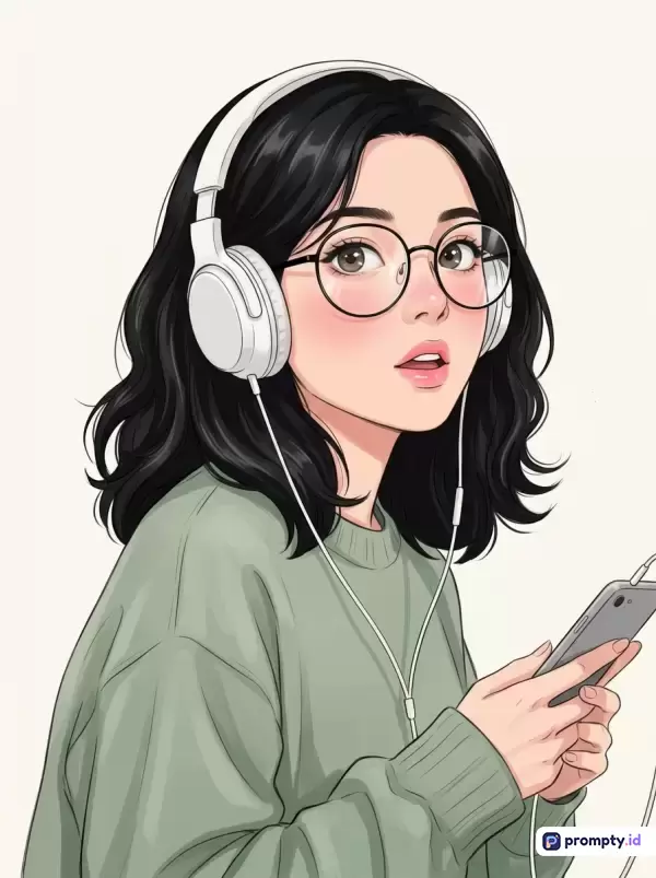 Gambar ilustrasi bergaya anime modern ini menampilkan konten seorang wanita muda berambut hitam bergelombang yang sedang asyik mendengarkan musik menggunakan headphone putih dan memegang smartphone, dengan palet warna dominan hijau sage, hitam, dan putih, serta memiliki kata kunci ilustrasi digital, wanita berkacamata, mendengarkan musik, estetis, dan gaya anime.