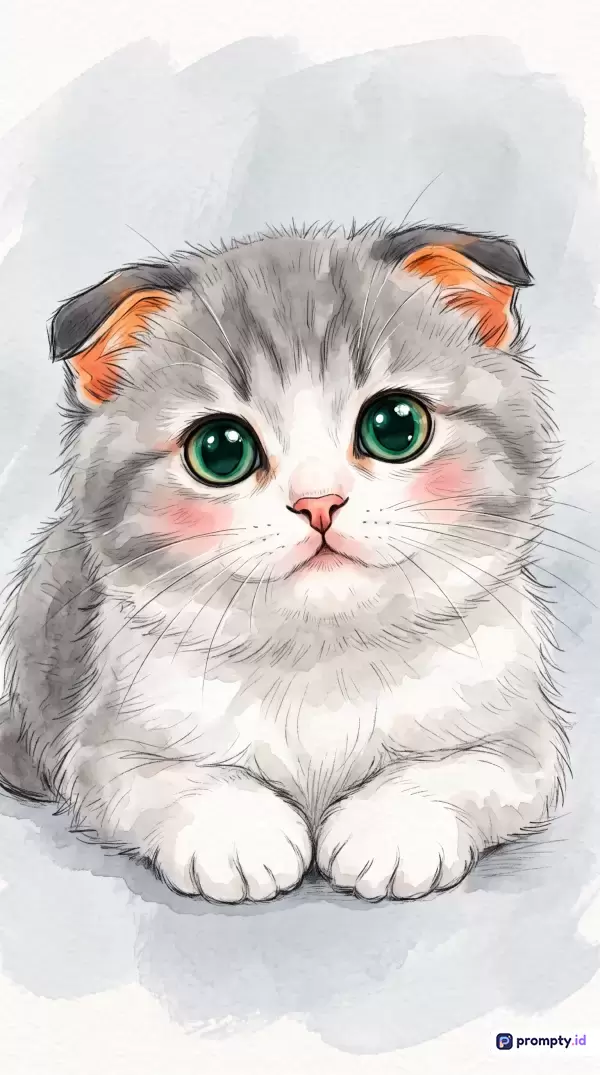 Ilustrasi digital bergaya cat air yang menampilkan anak kucing Scottish Fold abu-putih berwajah imut dengan mata hijau besar dan rona pipi merah muda ini memiliki tiga warna dominan yaitu abu-abu, putih, dan hijau, serta menggunakan kata kunci anak kucing, cat air, imut, Scottish Fold, dan ilustrasi.