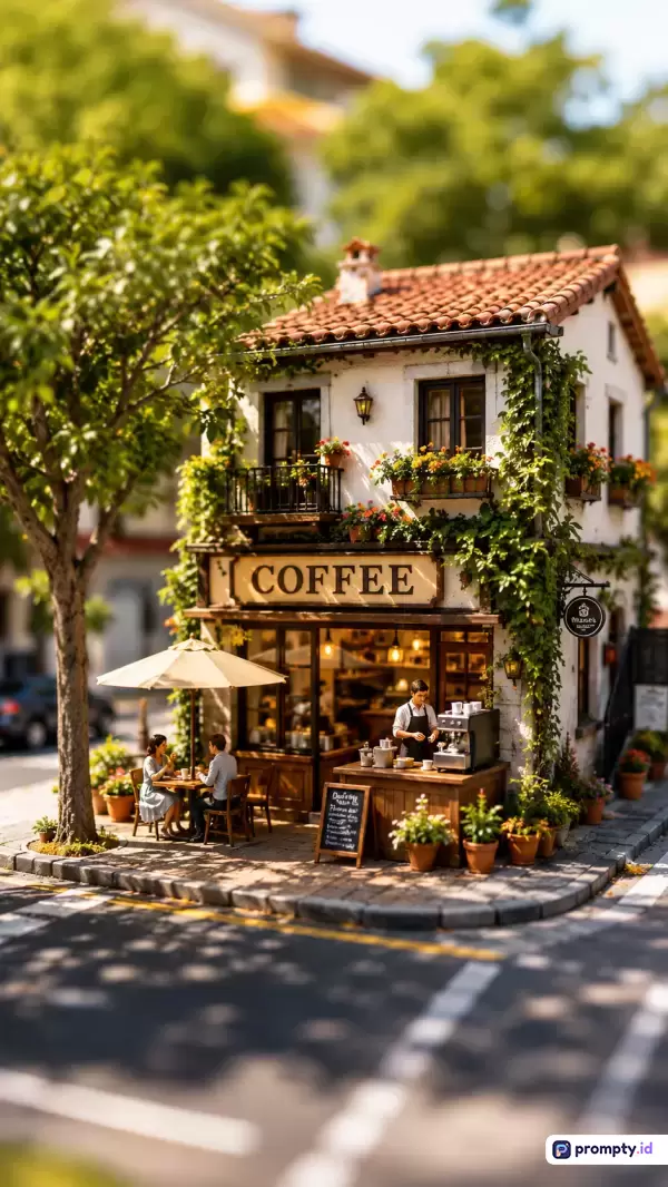 Gambar dengan gaya fotografi makro tilt-shift ini menampilkan diorama detail sebuah kafe sudut jalan eropa yang asri dengan dominasi warna hijau daun, cokelat kayu, dan putih dinding bangunan, serta kaya akan kata kunci seperti miniatur, kedai kopi, suasana luar ruangan, dan tanaman gantung.