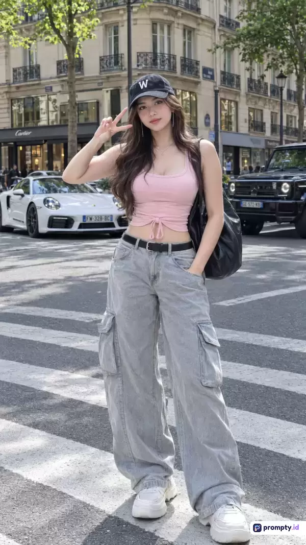Gambar berstyle fotografi jalanan (street style) kasual ini menampilkan seorang wanita muda berambut panjang mengenakan topi hitam, tank top merah muda, dan celana kargo abu-abu sambil berpose di zebra cross perkotaan Eropa dengan latar belakang bangunan klasik, mobil mewah, serta tiga warna dominan yaitu merah muda, abu-abu, dan hitam yang melambangkan kata kunci fesyen urban, gaya jalanan, wanita modis, Paris, dan pakaian kasual.