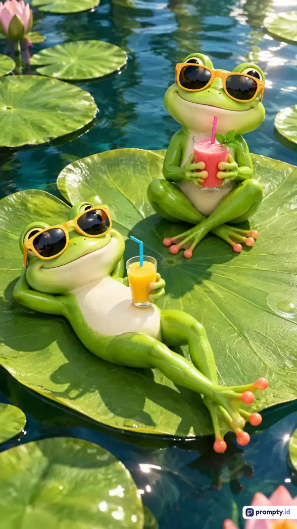 Gambar bergaya 3D digital ini menampilkan dua katak hijau lucu yang sedang bersantai di atas daun teratai sambil mengenakan kacamata hitam dan menikmati minuman segar di kolam yang jernih, dengan kata kunci katak, liburan, santai, musim panas, dan ilustrasi 3D, serta didominasi oleh warna hijau, kuning, dan biru.
