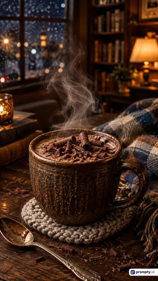 Gambar bergaya fotografi realistis hangat ini menampilkan konten secangkir cokelat panas mengepul dengan taburan serutan cokelat di atas meja kayu berlatar malam bersalju di dekat jendela, menggunakan kata kunci cokelat panas, musim dingin, hangat, malam bersalju, kopi, cokelat, kenyamanan, didominasi oleh warna cokelat tua, biru tua, dan oranye keemasan.