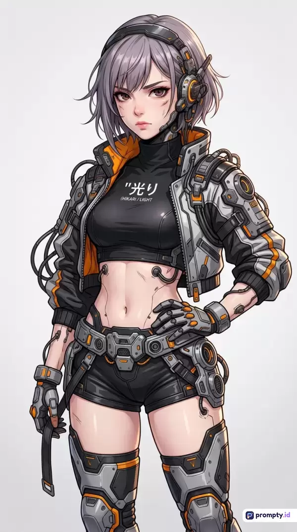 Gambar ber-style ilustrasi anime futuristik ini menampilkan karakter wanita cyborg dengan pakaian sci-fi yang menggunakan kata kunci fiksi ilmiah, cyberpunk, dan teknologi, serta didominasi oleh warna abu-abu, hitam, dan oranye.