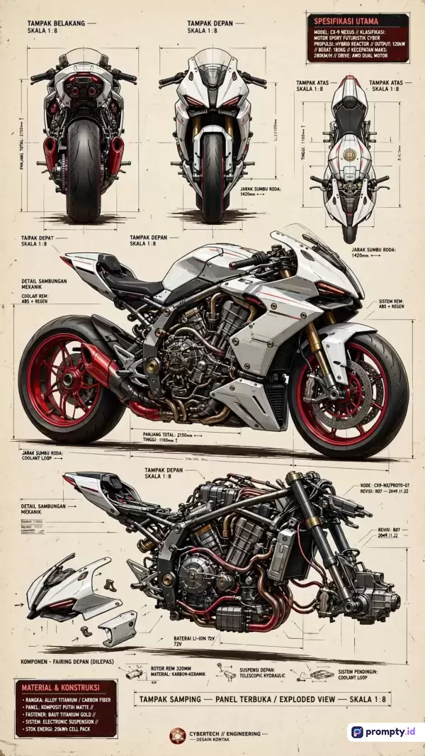 Gambar ini menampilkan lembar spesifikasi teknik gaya ilustrasi sketsa cetak biru futuristik dengan konten sepeda motor sport bermesin hibrida dalam berbagai sudut pandang yang menggunakan kombinasi warna putih, merah, dan hitam, serta kata kunci motor sport, sketsa teknik, desain masa depan, cetak biru, dan kendaraan futuristik.