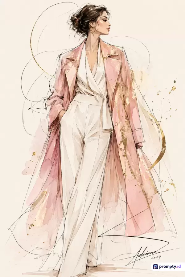 Gambar ilustrasi mode elegan karya Adriana 2024 ini menampilkan wanita berambut sanggul dalam balutan setelan putih dan mantel panjang merah muda, bergaya sketsa cat air dengan sentuhan garis tinta dinamis dan aksen emas abstrak, menggunakan kata kunci fesyen, wanita, elegan, ilustrasi, mantel, serta didominasi oleh warna putih, merah muda, dan emas.