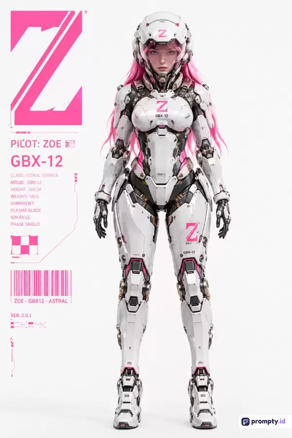 Gambar bergaya fiksi ilmiah futuristik ini menampilkan karakter wanita berambut merah muda bernama Zoe sebagai pilot mecha GBX-12, dengan konten desain konsep sci-fi, kata kunci fiksi ilmiah, mecha, anime, cyberpunk, dan pilot, menggunakan palet tiga warna dominan yaitu putih, merah muda cerah, dan hitam, serta warna hitam dan abu-abu.