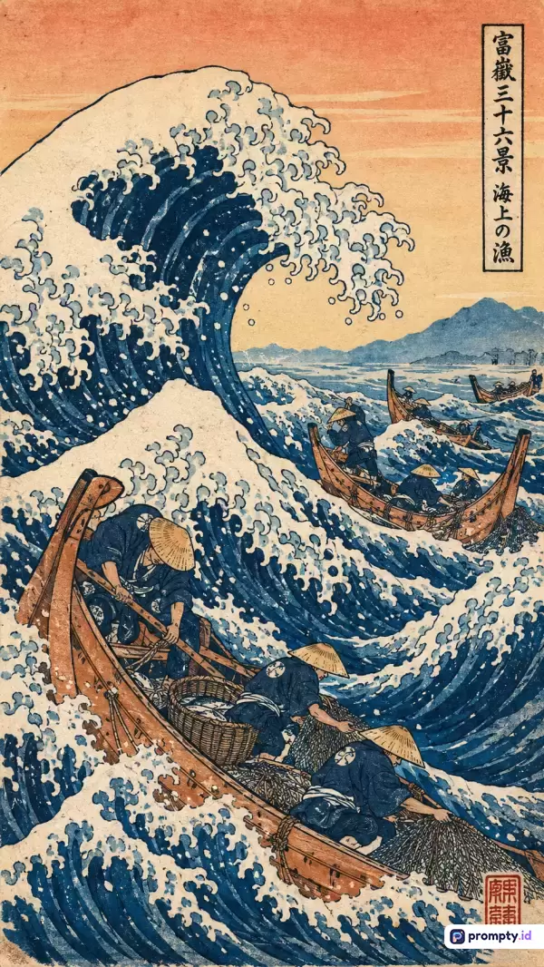Gambar bergaya seni cetak blok kayu ukiyo-e tradisional Jepang ini menampilkan konten dramatis berupa para nelayan yang berjuang mengendalikan perahu kayu di tengah ombak laut yang sangat besar dan ganas, dengan penggunaan palet warna dominan biru tua, jingga, dan krem, serta kata kunci seni klasik Jepang, ombak besar, nelayan, ukiyo-e, dan laut.