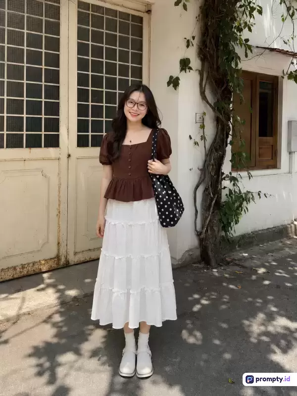 Foto bergaya potret kasual ini menampilkan seorang wanita muda tersenyum mengenakan atasan cokelat, rok putih panjang, dan membawa tas polkadot di depan pintu putih klasik, dengan kata kunci fashion, gaya hidup, wanita, estetika, dan kasual, serta didominasi oleh warna cokelat, putih, dan hitam.