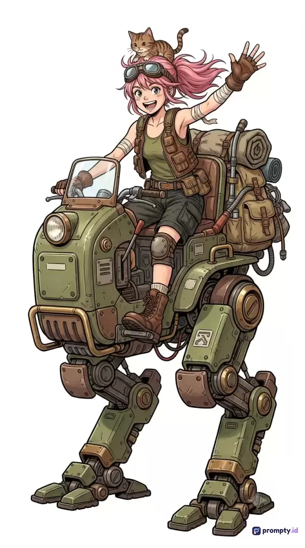 Gambar bergenre anime dan manga bergaya post-apocalyptic ini menampilkan konten seorang gadis berambut merah muda dengan kucing di kepalanya yang sedang mengendarai mecha bipedal hijau militer sambil melambaikan tangan, dengan kata kunci petualangan, fiksi ilmiah, mecha, anime, pasca-apokaliptik, dan robot, serta didominasi oleh warna hijau zaitun, cokelat tanah, dan merah muda pastel.