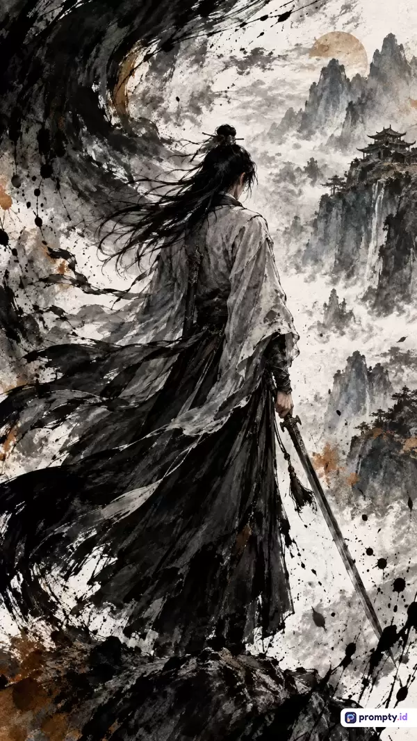 Gambar dengan gaya lukisan tinta tradisional Tiongkok ini menampilkan konten seorang pendekar berambut panjang berpakaian jubah hitam-putih yang memegang pedang menghadap pemandangan pegunungan berkabut dan pagoda kuno, menggunakan palet warna dominan hitam, putih, dan cokelat muda, serta diisi dengan kata kunci pendekar, wuxia, seni tinta, pegunungan, dan fantasi.