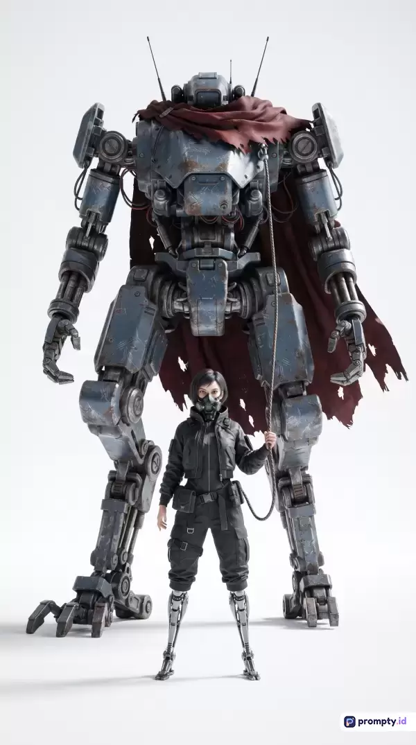 Gambar bergaya sci-fi realistis beresolusi tinggi ini menampilkan konten seorang wanita berambut pendek dengan pakaian taktis hitam dan prostetik kaki, berdiri percaya diri di depan robot tempur raksasa berkarat yang mengenakan jubah merah robek, dengan kata kunci fiksi ilmiah, mecha, cyborg, pasca-apokaliptik, dan prajurit, serta didominasi oleh tiga warna utama yaitu abu-abu baja, cokelat kemerahan, dan hitam.
