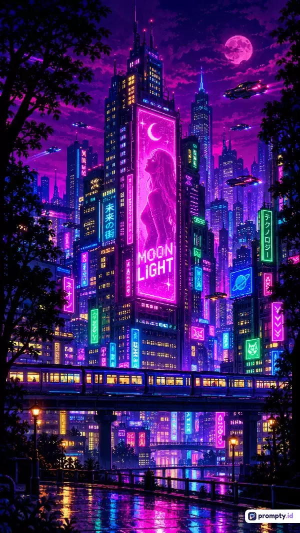 Gambar bergaya ilustrasi digital cyberpunk ini menampilkan pemandangan kota futuristik di malam hari yang dipenuhi gedung pencakar langit bercahaya neon, mobil terbang, dan kereta gantung, dengan kata kunci kota masa depan, neon, cyberpunk, malam hari, fiksi ilmiah, serta tiga warna dominan yaitu ungu, merah muda, dan biru tua.