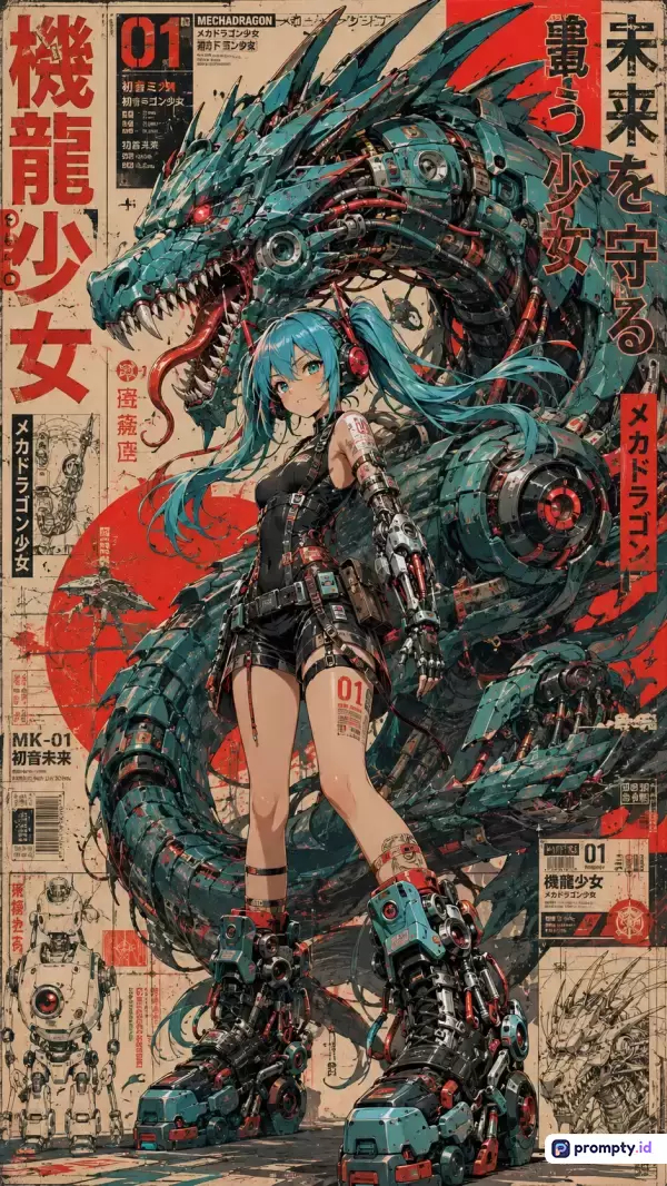 Gambar dengan gaya ilustrasi anime vintage dan cyberpunk menampilkan konten seorang gadis berambut piala turquoise berdampingan dengan naga mekanik besar, dengan kata kunci Hatsune Miku, mecha dragon, sci-fi, poster retro, dan manga, didominasi oleh warna merah, toska, dan krem.