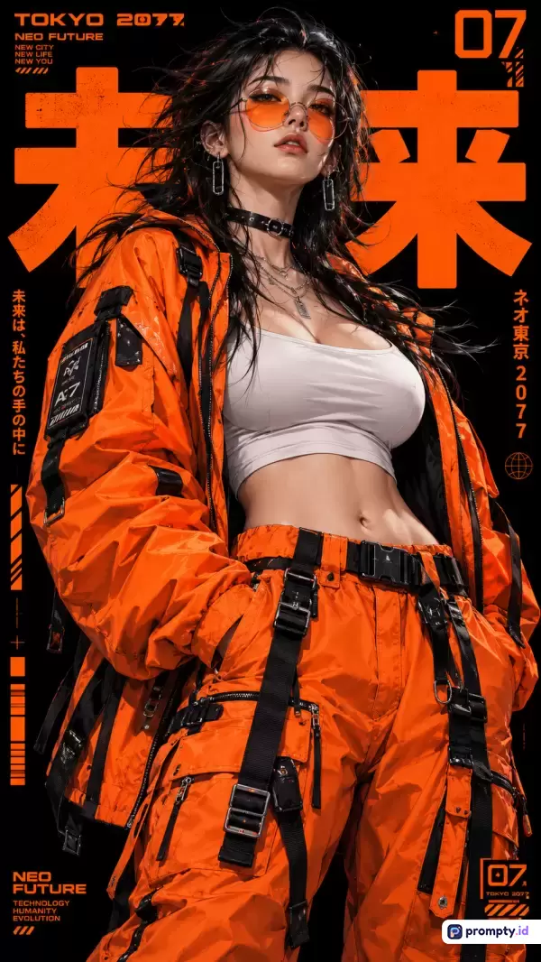 Gambar bergaya ilustrasi digital cyberpunk ini menampilkan wanita berambut hitam mengenakan jaket dan celana kargo oranye terang dengan aksen hitam serta kacamata hitam berbingkai oranye, memuat konten futuristik urban dengan kata kunci Tokyo 2077, Neo Future, cyberpunk, fashion jalanan, fiksi ilmiah, teknologi, dan didominasi oleh warna oranye, hitam, serta putih.