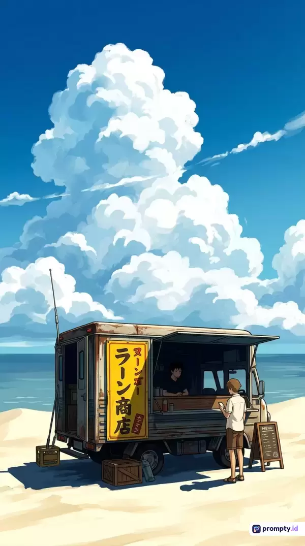 Gambar ilustrasi bergenre anime Ghibli ini menampilkan konten truk makanan di tepi pantai berpasir putih dengan latar langit cerah dan awan kumulus raksasa, menggunakan gaya seni digital bernuansa nostalgia yang menonjolkan kata kunci musim panas, truk ramen, pantai, dan kedamaian, dengan dominasi warna biru langit, putih awan, dan kuning pasir.