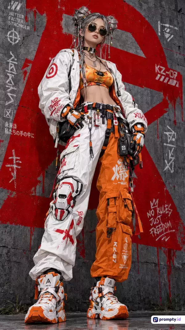 Gambar bergaya potret digital futuristik/cyberpunk ini menampilkan seorang wanita muda bergaya street fashion dengan pakaian taktis berwarna oranye, putih, dan abu-abu, mengenakan kacamata hitam, rambut dikepang dua, berdiri di depan dinding beton bertekstur kasar dengan grafiti merah besar, serta memiliki kata kunci fashion jalanan, fiksi ilmiah, teknologi, estetika urban, dan pemberontakan, dengan tiga warna dominan yaitu oranye menyala, putih bersih, dan abu-abu beton.