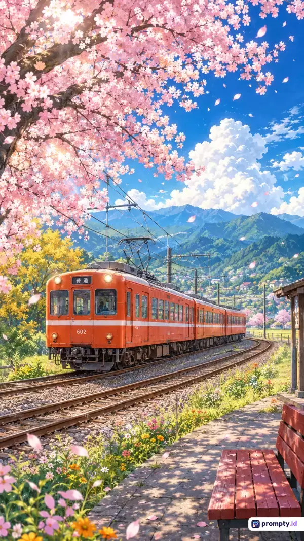 Gambar bergaya anime digital yang cerah dan sinematik ini menampilkan pemandangan musim semi di Jepang dengan konten kereta oranye yang melintas di rel melengkung, dilingkupi bunga sakura merah muda, langit biru berawan, dan latar pegunungan hijau, dengan kata kunci sakura, kereta, anime, musim semi, Jepang, dan lanskap, serta didominasi oleh warna merah muda, biru langit, dan oranye.