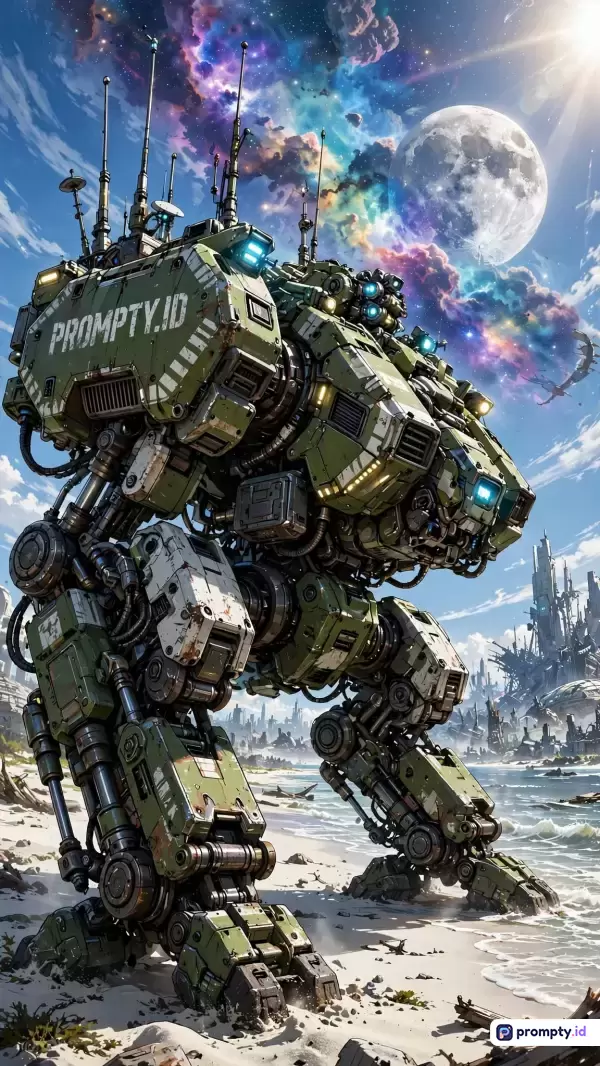 Gambar bergaya fiksi ilmiah digital ini menampilkan robot mecha militer hijau berukuran besar bertuliskan PROMPTY.ID yang berdiri di pantai berpasir dengan latar belakang langit kosmik berwarna-warni, bulan besar, dan kota futuristik, serta menggunakan kata kunci robot mecha, fiksi ilmiah, pantai, dan bulan, dengan tiga warna dominan yaitu hijau zaitun, biru langit, dan putih keperakan.