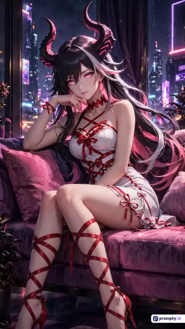 Gambar bergaya anime digital art ini menampilkan karakter wanita iblis berambut hitam-merah dengan tanduk besar, mengenakan gaun putih berpita merah, sedang duduk elegan di sofa ungu di dalam ruangan dengan latar pemandangan kota futuristik malam hari, yang kaya akan kata kunci seperti anime, succubus, cyberpunk, goth, dan elegan, serta didominasi oleh warna hitam, merah menyala, dan ungu tua.