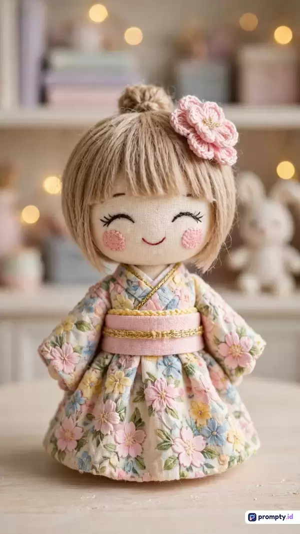 Gambar bergaya fotografi produk ini menampilkan konten boneka kain buatan tangan bertema Jepang mengenakan kimono bunga, dengan kata kunci boneka kain, kimono, buatan tangan, Jepang, dekorasi, serta warna dominan krem, merah muda pastel, dan cokelat muda.