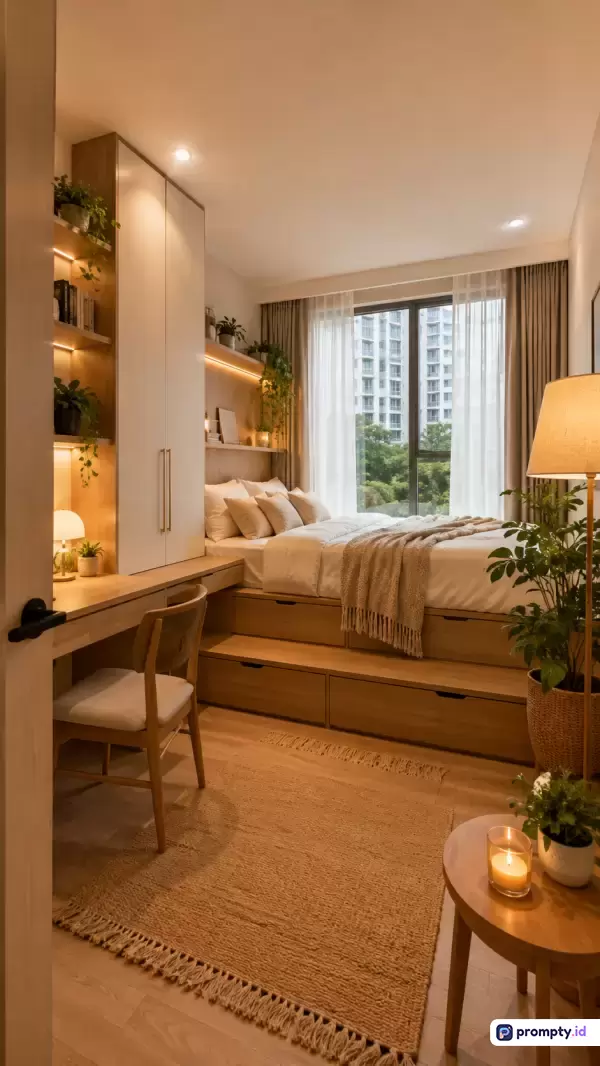 Gambar bergaya interior modern minimalis ini menampilkan kamar tidur fungsional berukuran kompak dengan dominasi warna cokelat kayu, putih krem, dan hijau alami, serta berisi konten tempat tidur platform berlaci, meja kerja gantung, lemari pakaian built-in, karpet rami, tanaman hias, dan pencahayaan hangat, dengan kata kunci kamar tidur kecil, desain estetis, interior minimalis, furnitur multifungsi, dekorasi tanaman, dan pencahayaan hangat.