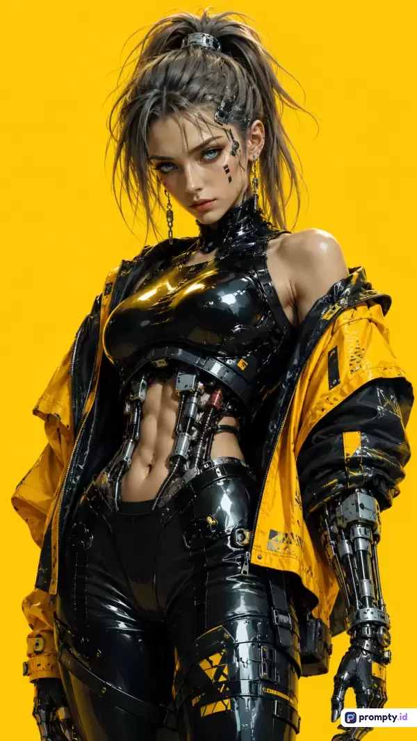 Gambar bergaya ilustrasi digital cyberpunk ini menampilkan karakter wanita cyborg berambut kuncir kuda dengan paduan konten busana lateks hitam futuristik dan jaket kuning, serta menggunakan kata kunci wanita, cyborg, sci-fi, masa depan, dan android, dengan tiga warna dominan yaitu kuning, hitam, dan perak.