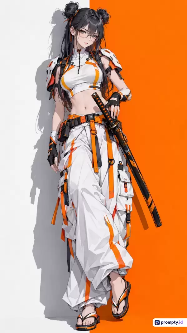 Gambar bergenre seni digital anime modern ini menampilkan seorang karakter wanita bergaya cyberpunk dengan latar belakang kombinasi warna putih, abu-abu, dan jingga terang, serta menonjolkan kata kunci seperti samurai, pakaian taktis, kacamata, rambut hitam bersanggul ganda, dan pedang katana dengan tiga warna dominan yaitu putih, jingga, dan hitam.